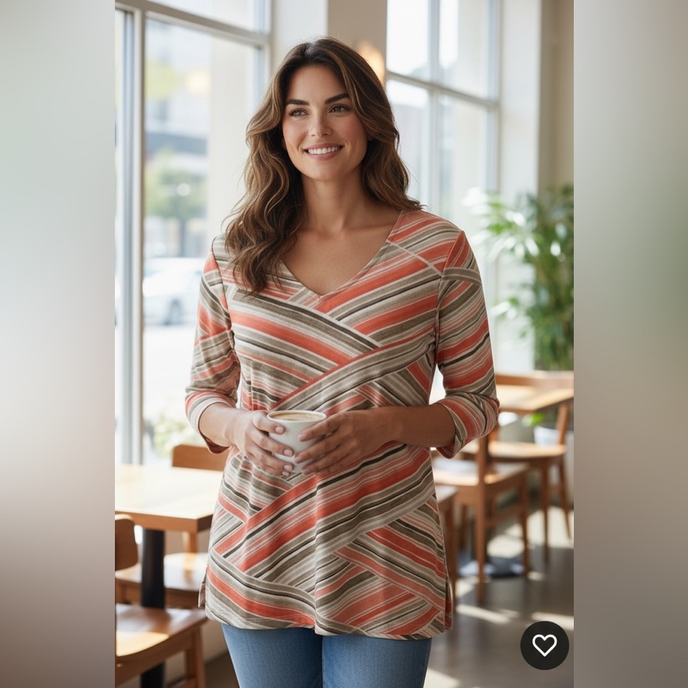 Easy wear by Chico's Orange & Nude Striped 3/4 Sleeve V-neck Top - Size 0
